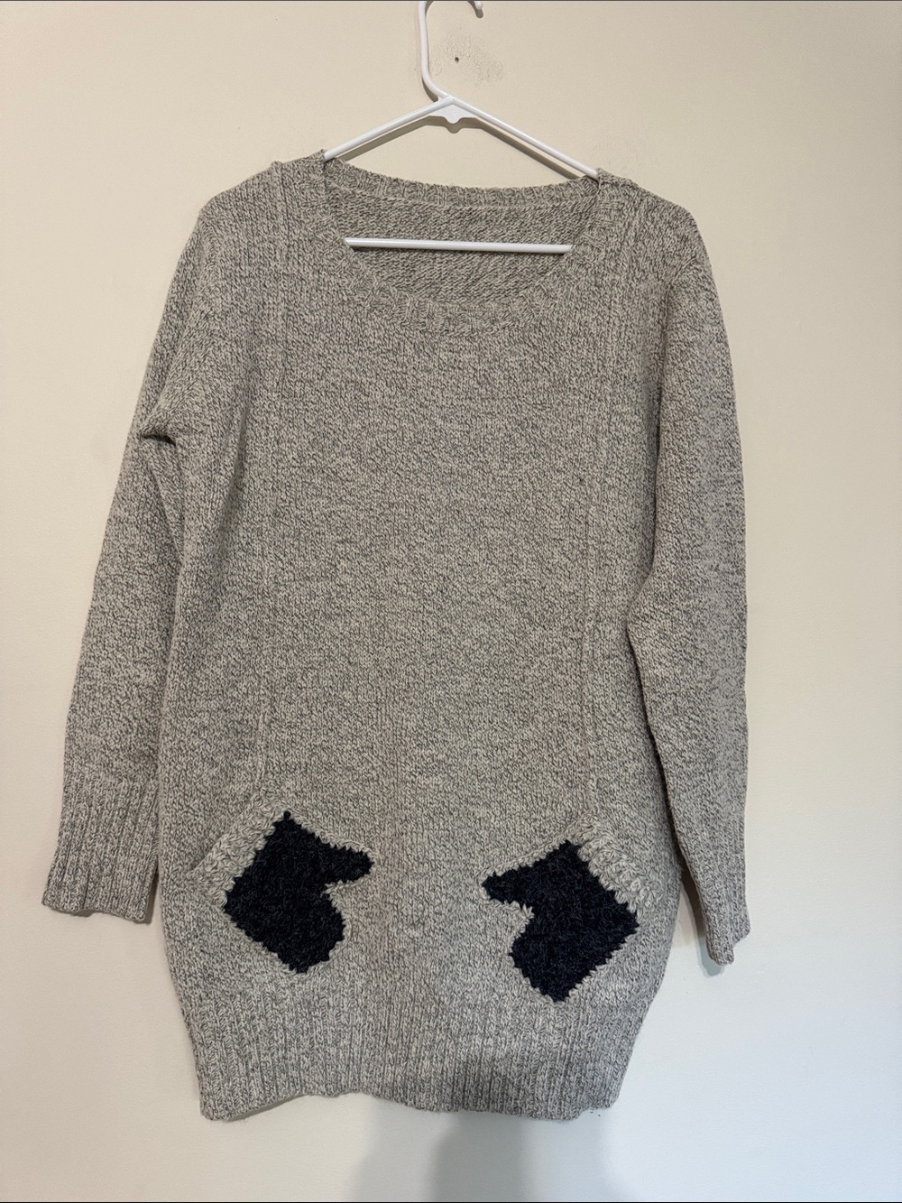 Women’s Crew-Neck Gray Sweater with Black Pocket Accents